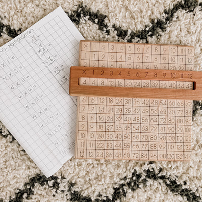 Homeschool wooden multiplication board for first and second graders.