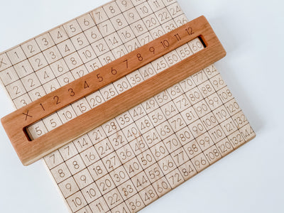 Wooden multiplication board with a viewfinder.